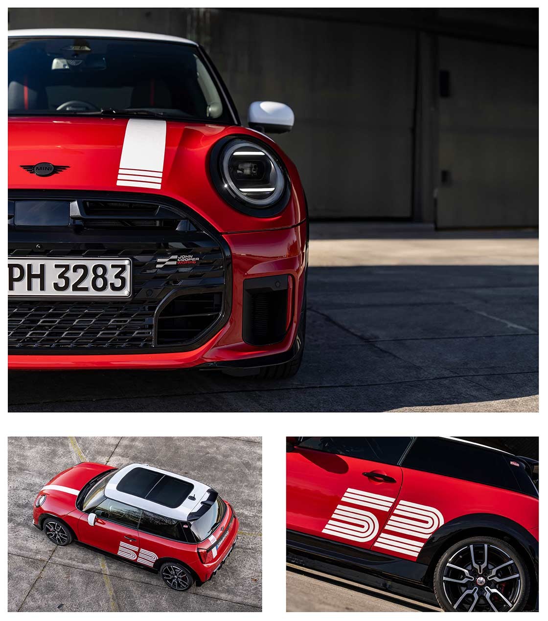 Collage zur MINI Victory Edition mit Frontdetail, Dach- und Seitenansicht